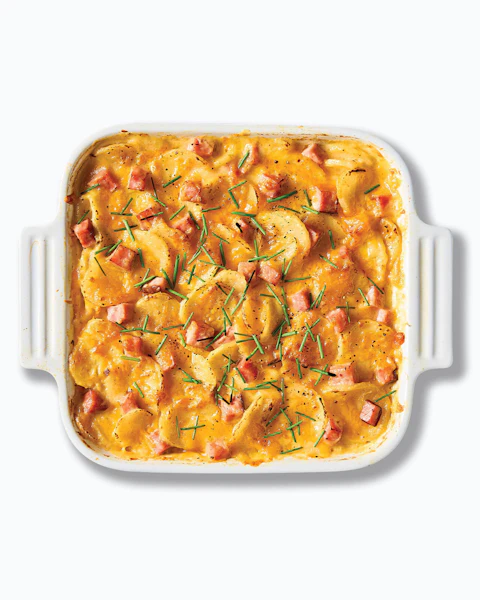Casserole dish of Au Gratin Potatoes with Ham