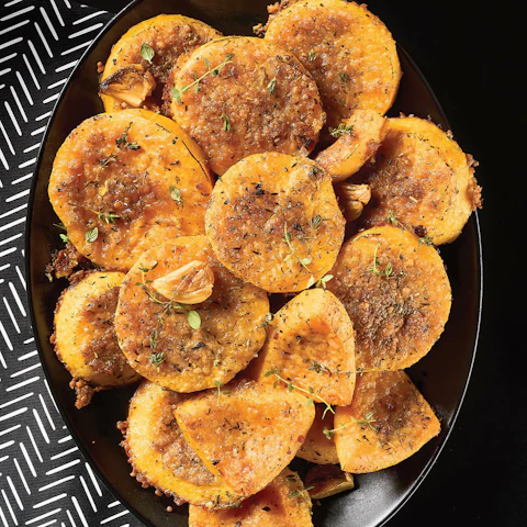 Plate of sliced Garlic Parmesan Butternut Squash