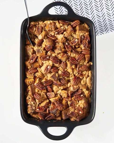 Casserole dish of Pumpkin French Toast Casserole