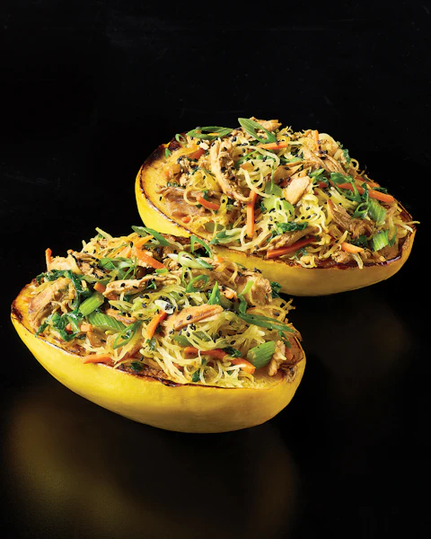 Spaghetti Squash Chow Mein served in squash bowls