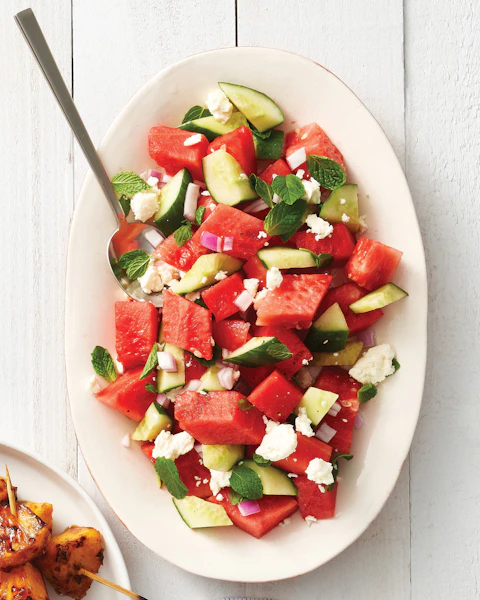 Serving bowl of watermelon salad.