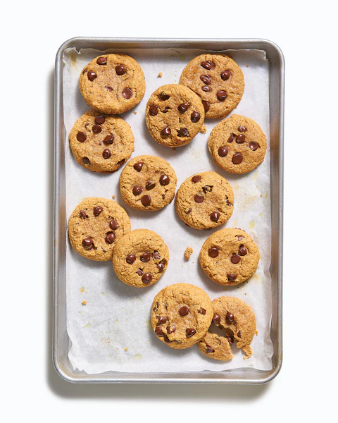 A baking sheet of Keto Chocolate Chip Cookies