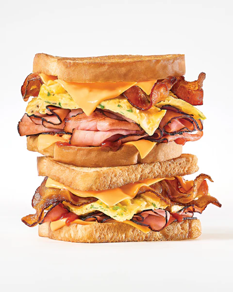 A stack of two Breakfast Grilled Cheese Sandwiches