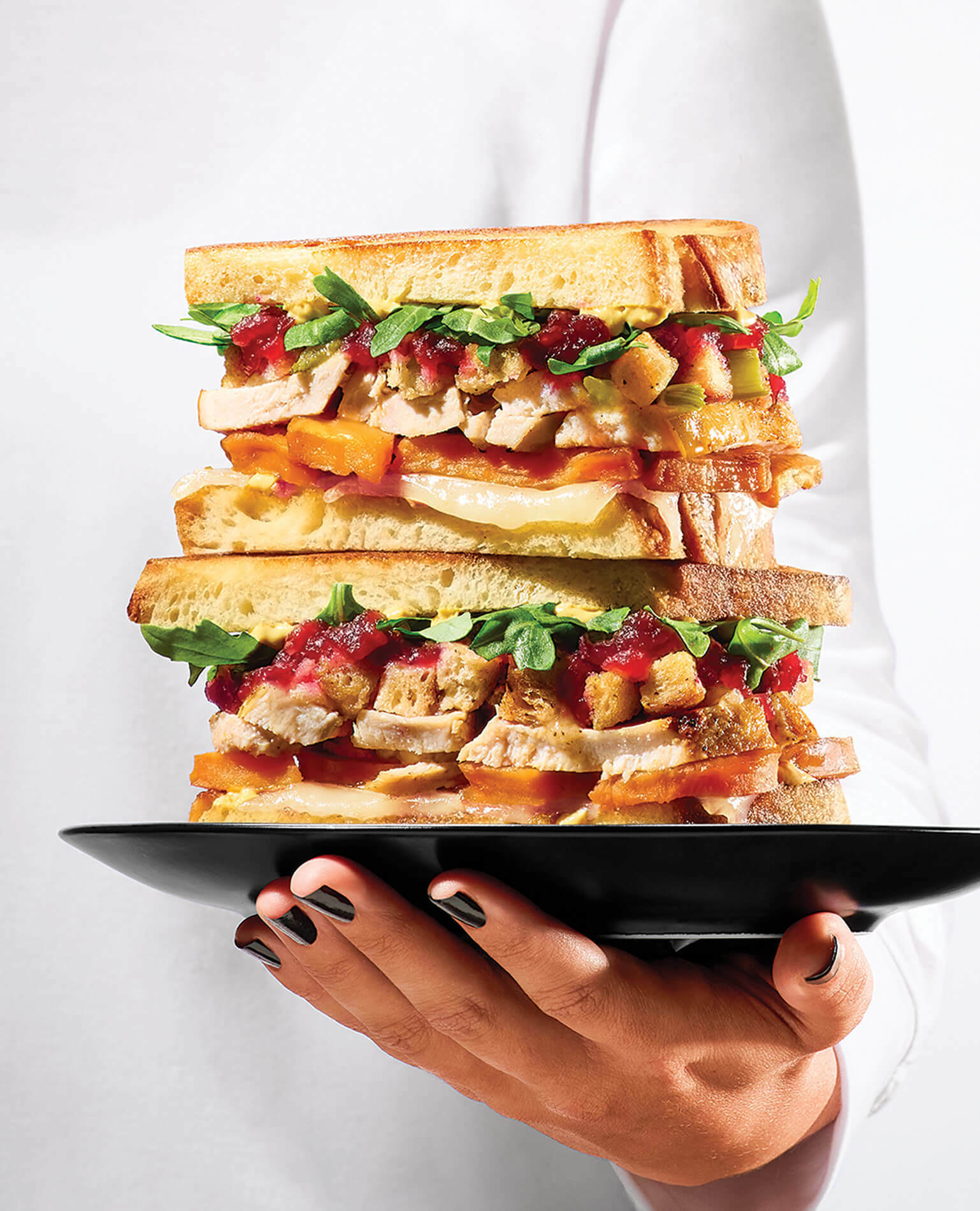 A woman's hand holding a plate of a stacked turkey sandwich.
