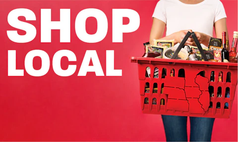 A standing woman holding a red shopping basket filled with local Midwest products, next to the title "Shop Local".
