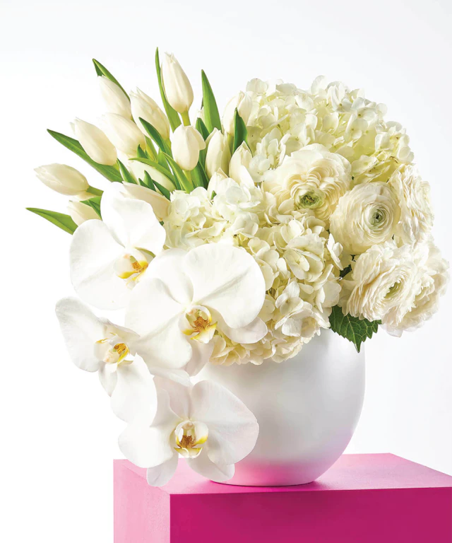 A white flower arrangement on a pink base
