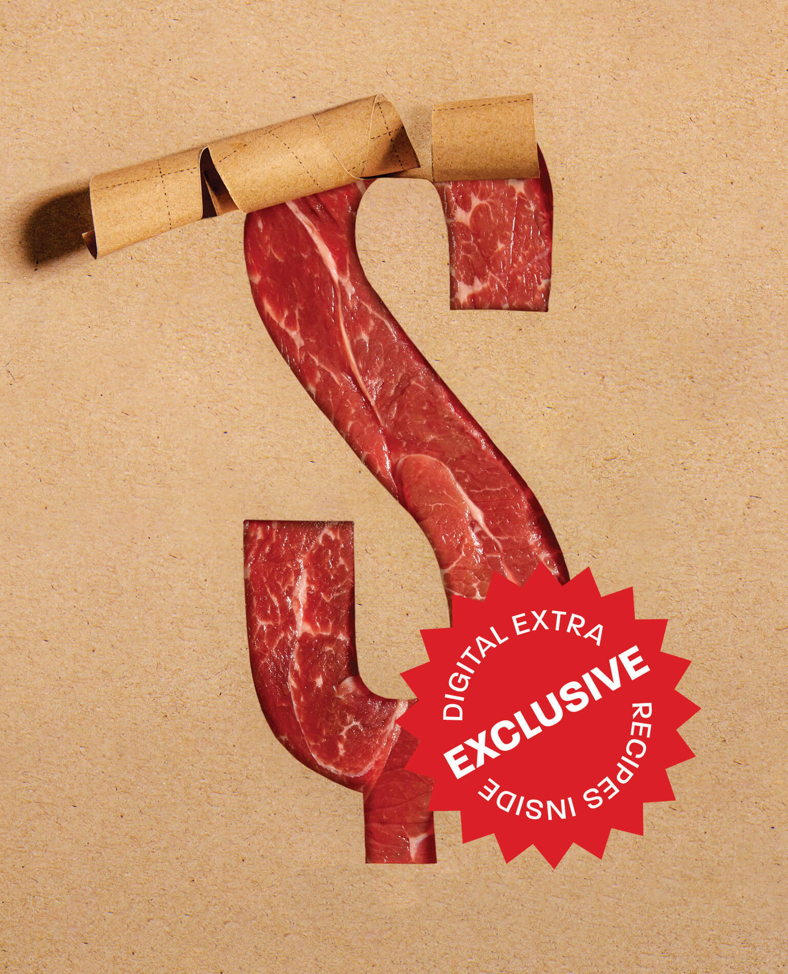 A dollar sign being peeled out of brown paper revealing meat inside.