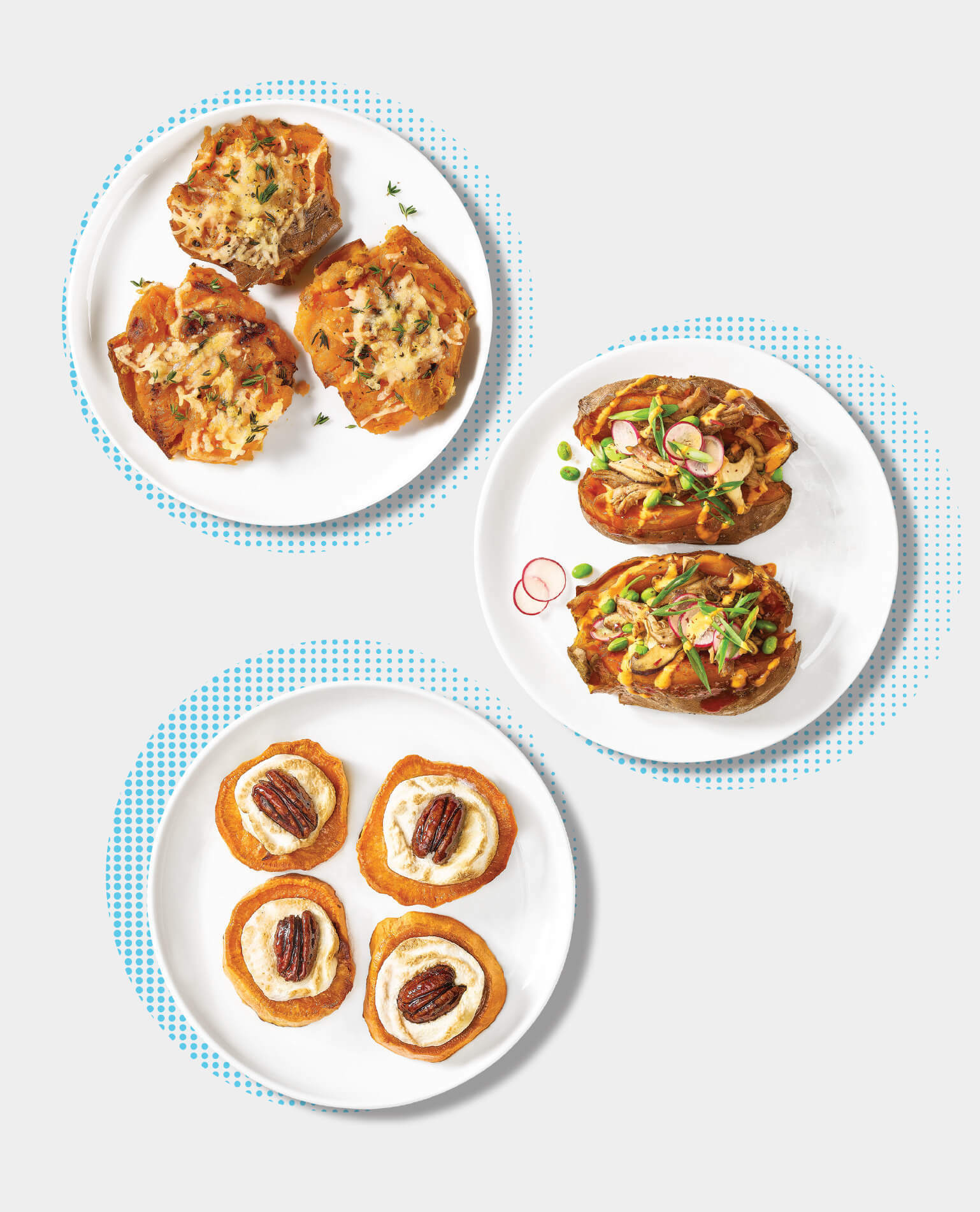 Three plates of sweet potatoes all prepared in various ways.