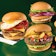 Three burger varieties on a green background.