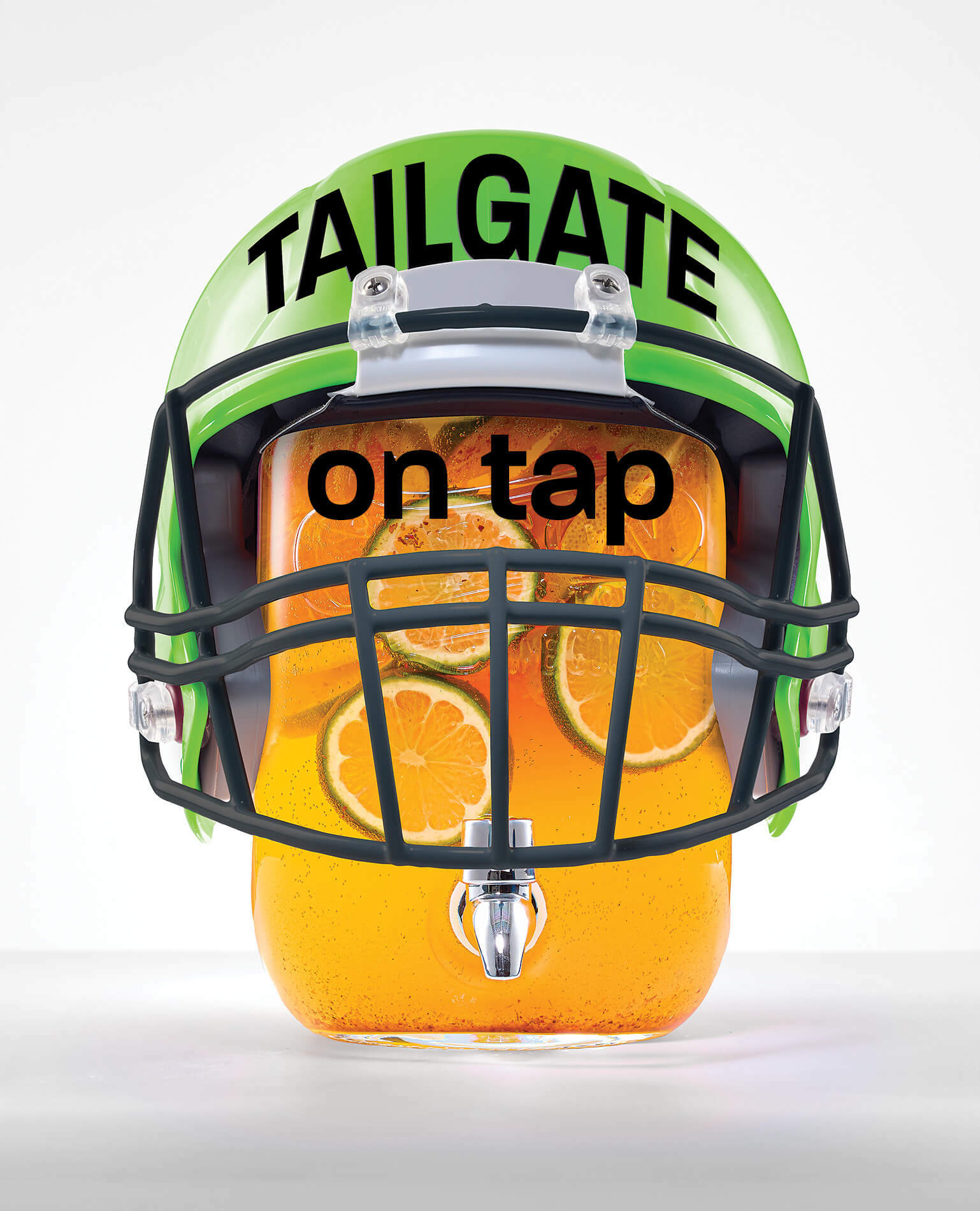 A drink server wearing a football helmet.