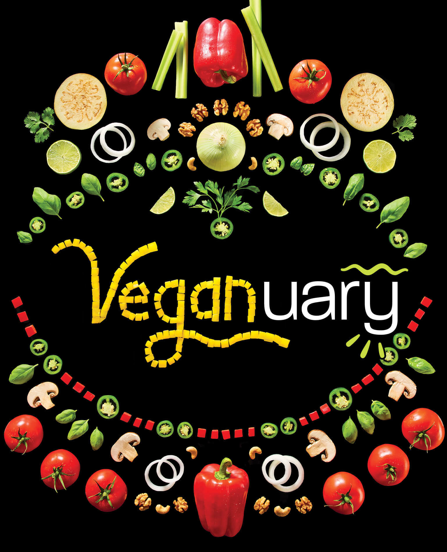 Colorful vegetables arranged in a nice pattern with the words "Veganuary" spelled out.