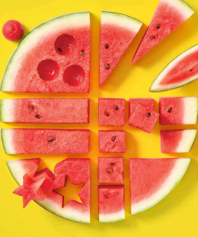 Watermelon sliced in a variety of ways.