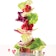 Colorful vegetable pieces stacked together in a sort of sculpture.